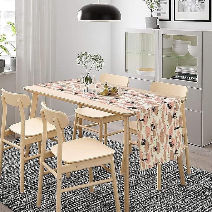 Mid Century Table Runner Vintage Pink Abstract Geometric Atomic Star Retro Black Cat Dining Table Decoration for Kitchen Dining Room 13x108in