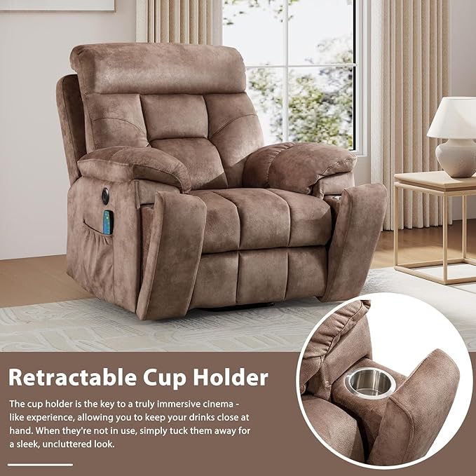 EBELLO Power Lift Recliner Chair with Massage and Heat, Soft Fabric Massage Recliner for Adults with Hidden Cup Holders, Side Pocket, Overstuffed Single Sofa for Living Room, Brown