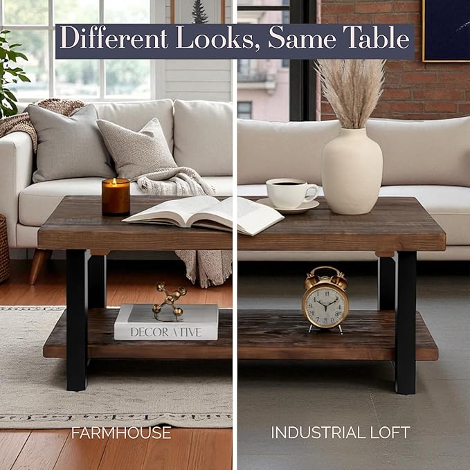 Alaterre Furniture Pomona Living Room Collection – 42 Inch Rectangular Solid Wood Coffee Table with Storage Shelf & Metal Legs – Rustic Industrial Farmhouse Living Room Table (Rustic Brown)
