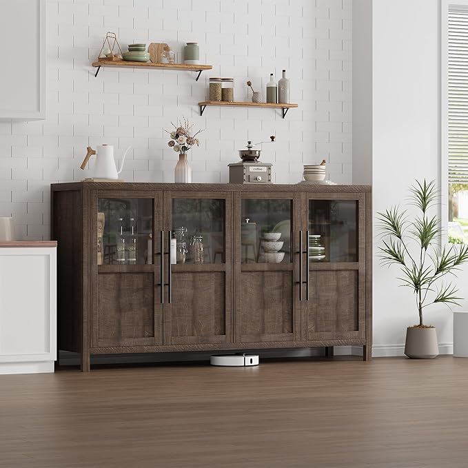 GarveeHome Sideboard Buffet Cabinet with 4 Glass Doors, 55 in Buffet Table Coffee Bar Wine Bar Display Cabinet for Kitchen Dining Room, Living Room (Glass with 4 Doors, Brown)