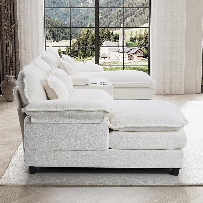 133" Oversized U Shaped Cloud Couch Modular Sectional Couches for Living Room Comfy Chenille Deep Seat Sofa Set with Double Chaise Lounge, Storage Central Console, Cup Holders, USB Port, Beige
