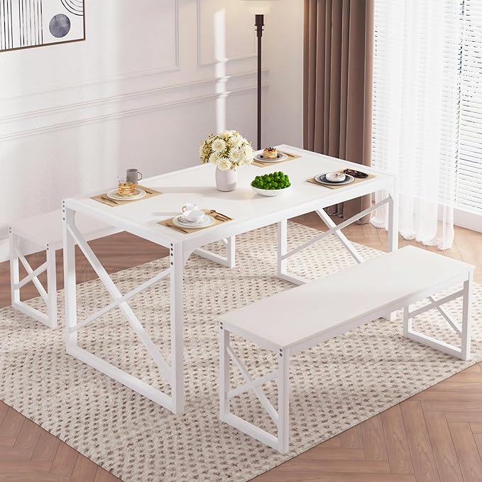 VECELO 55" Kitchen Dining Table Set for 4-6, Wood Dinette 2 Benches with Metal Frame for Dinner Breakfast Nook and Small Space, White
