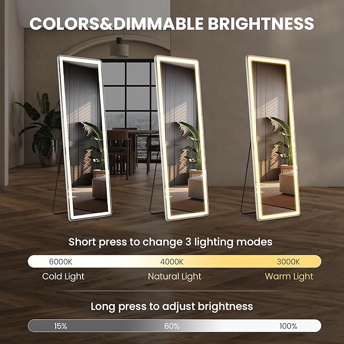 Alpen Full Length Mirror with LED Lights, 60"x16"Floor Mirror with Dimming & 3 Color Lighting, Free Standing Floor Mirrors, Lighted Full Body Mirrors for Bedroom, Dressing Room, Cloakroom