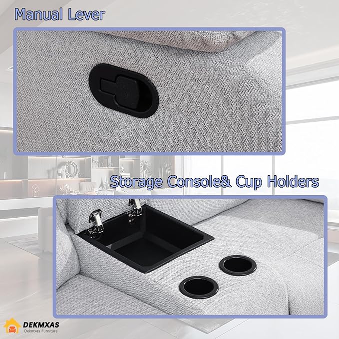 Living Room Furniture Sets Manual Reclining Sofa Set 3PCS Fabric Recliner Sofa Set Loveseat Couch Chair Set with Cup Holders&Storage Console for Living Room/Office (Grey White, 3 PCS Set)