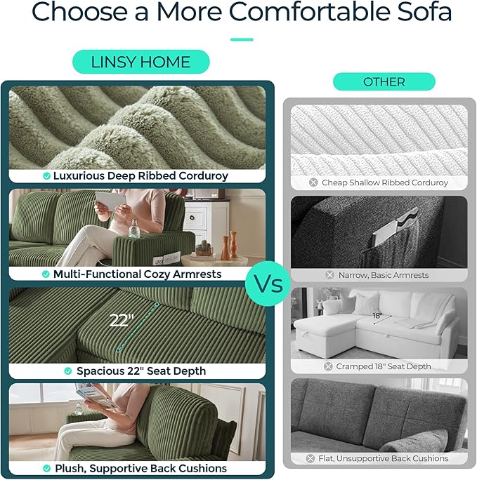LINSY HOME Sectional Sleeper Sofa Pull Out Couches for Living Room (Green, Sleeper Sofa 3) | Pull Out Sofa Bed, Storage, USB Charging, Cup Holders, Plush Corduroy | Pull Out Sofa Bed, Storage, USB Charging, Cup Holders, Plush Corduroy