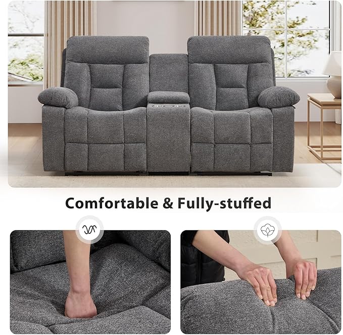 EBELLO Loveseat Recliner Sofa for Living Room, Extra Wide Modern Overstuffed 2 Seat Reclining Manual Sofa Chair, with Hidden Armrest Cup Holders, Breathable Fabric, Light Grey