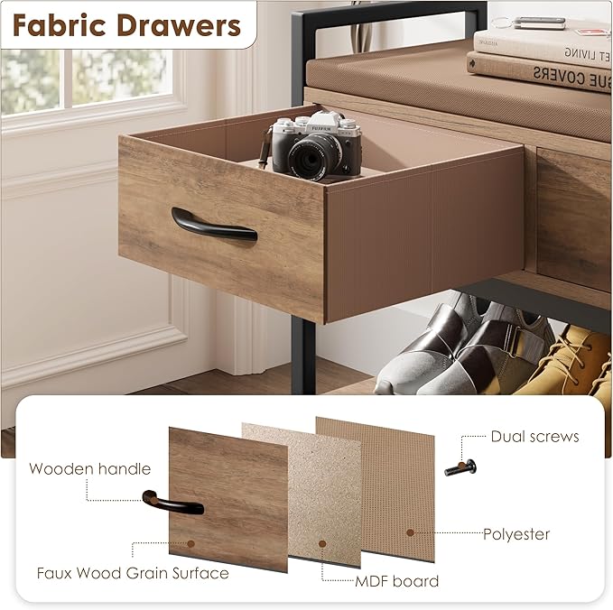 Shoe Bench, 39.4" Shoe Storage with Cushion, Industrial Rack Organizer with Fabric Drawers for Entryway, Hallway, Brown