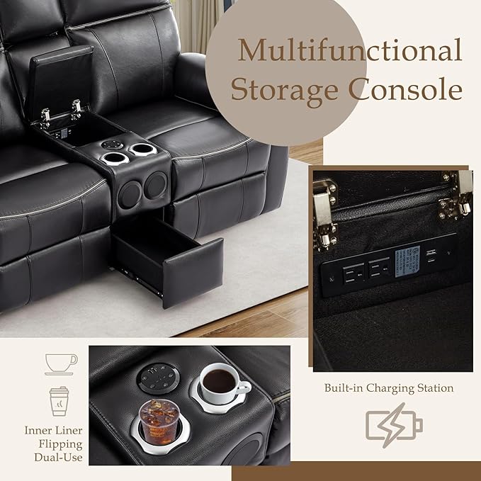 Power Reclining Loveseat with LED Reading Light/Bluetooth Speakers/Storage Drawer, Power Loveseat Recliner Sofa Wall Hugger Reclining Loveseat for Living Room(Black, 2 Seat with Console) | Outlets, USB & Type-C Ports