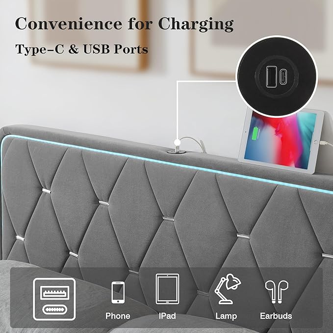 VECELO Upholstered Queen Bed Frame with Headboard Adjustable, Velvet Platform Bed with LED Lights, Charging Station, Mattress Foundation with Wooden Slats, Noise Free, No Box Spring Needed, Soft Grey