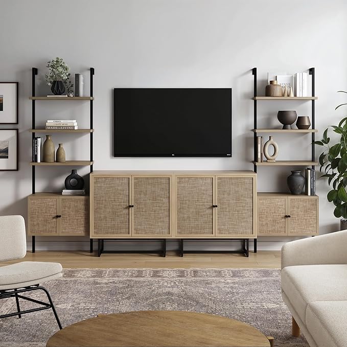 Nathan James Kova Boho Rattan and Wood TV Wall Shelving Unit Accent Storage Cabinet with Metal Frame and Cane Doors, Light Oak/Black