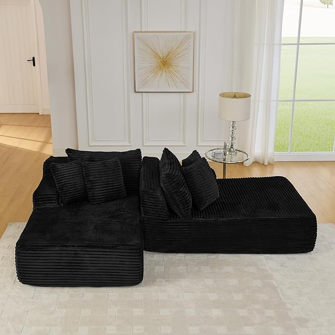 Fluffy Corduroy Double Chaise Lounge Daybed 83-Inch Oversized Loveseat Sleeper Sofa Bed,Boneless Love Seat Recliner Sleeper Couch Full Foam Floor Cloud Sofa Chaise W/6 Pillows for Living Room Bedroom