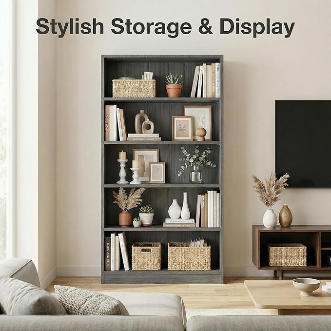 5 Tier Wooden Bookshelf, 60" H Tall Book Shelf with Adjustable Shelves, 33" Wide Bookshelf for Office, Living Room