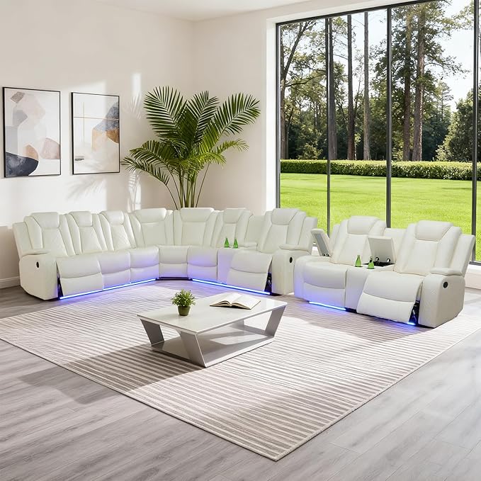 Leather Power Recliner Sectional Sofa Set with LED Light,L Shape Leather Couch Set with Recline Loveseat,Modular Corner Sofa with USB Port for Living Room Furniture(White, Sectional+Loveseat)