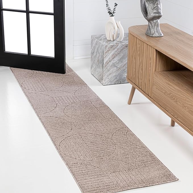 JONATHAN Y Nordby High-Low Arch Striped Indoor/Outdoor Runner Rug, 2x8, Taupe/Beige, for Patio, Backyard, Living Room, Bedroom, Office, Hose-Washable (SCN104D-28)