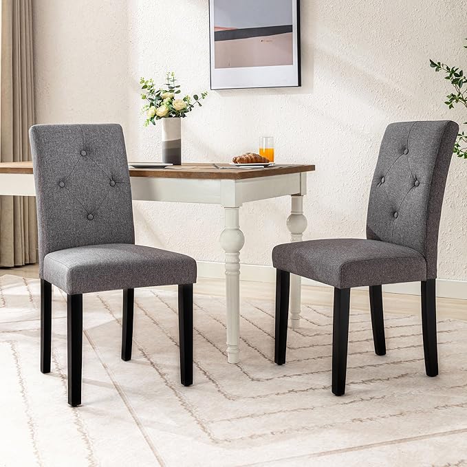 VECELO Upholstered Dining Chairs Set of 2, Modern Fabric and Solid Wood Legs &High Back for Kitchen/Living Room- Dark Gray