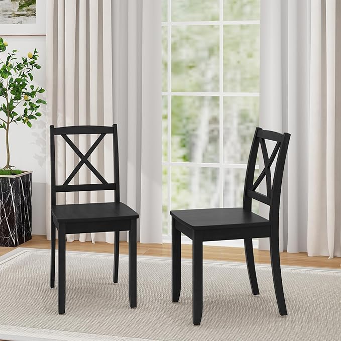 Giantex Wood Dining Chairs Set of 2, Armless Kitchen Chairs w/Rubber Wood Legs & Curved Backrest, Farmhouse Cross Back Diner Chairs, Wooden Side Chairs for Home Dining Room, Load 400 LBS, Black