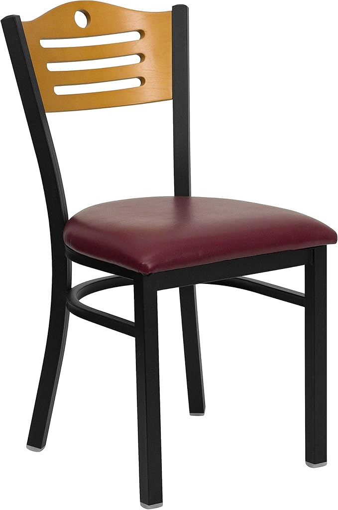 Flash Furniture HERCULES Series Black Slat Back Metal Restaurant Chair - Natural Wood Back, Burgundy Vinyl Seat