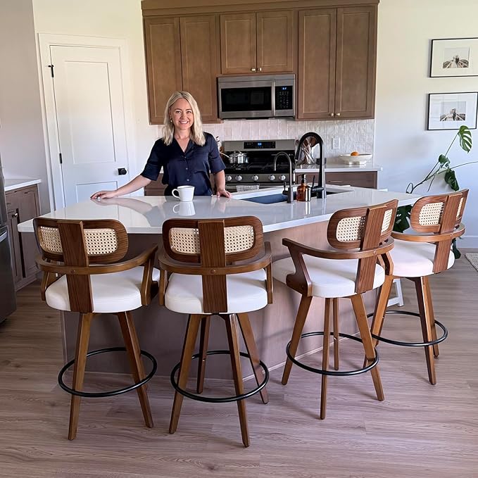 Swivel Bar Stools Set of 3 - 30 inch Mid Century Bar Stools with Walnut Craftsmanship, Curved Rattan Back, Upholstered Seat, Bar Height BarStools for Kitchen/Pub/Island/Cafe (30" Seat Height, Black)