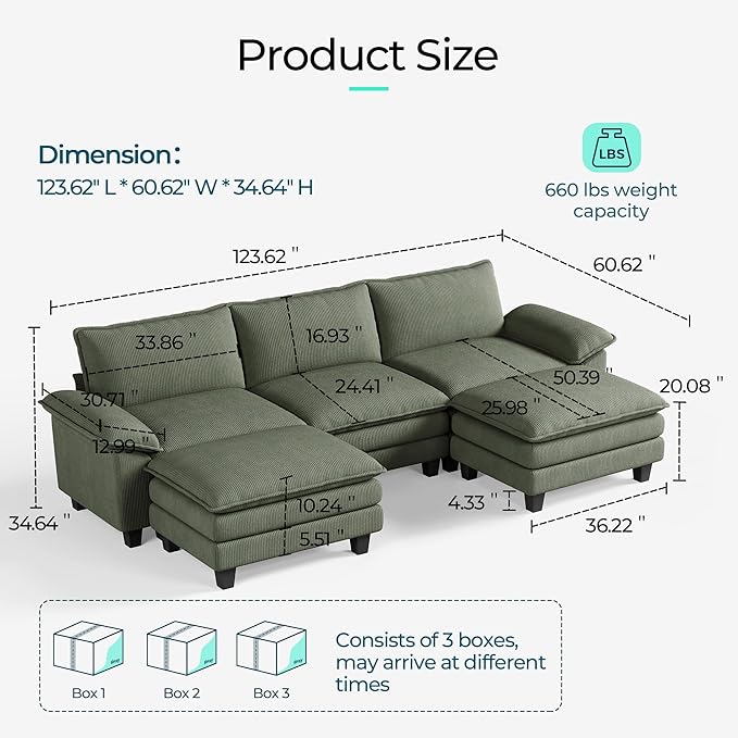 LINSY HOME 123'' Modular Sectional Sofa Green Couch Corduroy Cloud Couches for Living Room, U Shaped Couch with Movable Ottoman, Modern Cloud Sectional Sofas for Bedroom and Apartment, Green