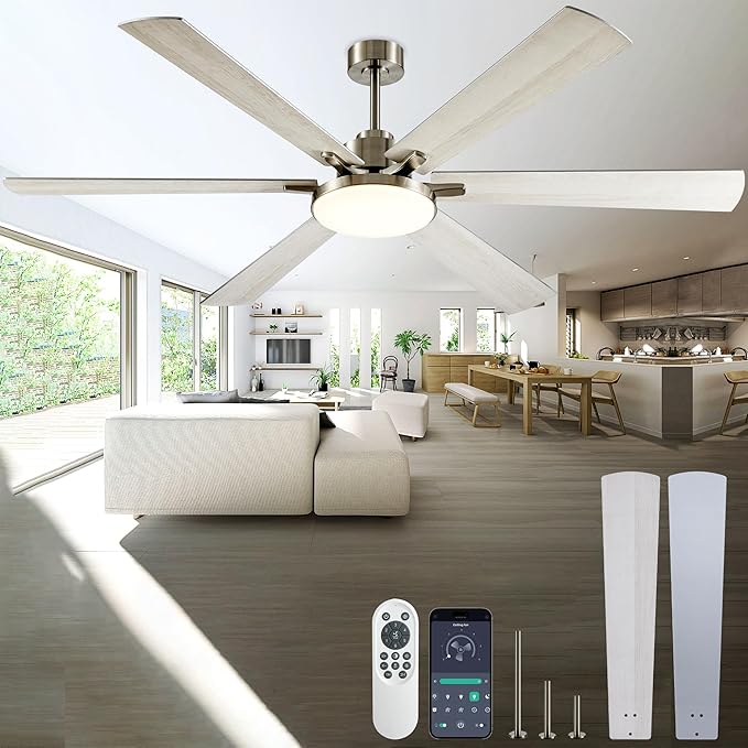 72 Inch Ceiling Fans with Lights and Remote Control,Indoor/Outdoor Flush Mount Low Profile Commercial Reversible Dimmable Ceiling Fans for Living Room Patio Industrial Shop,White Silver