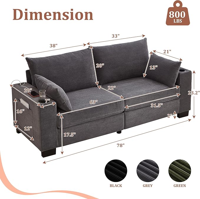 Eafurn 78" Corduroy Loveseat Sofa, Modern 2 Seater Couch with Dual Cup Holders & USB Charging Ports, Comfy Upholstered Small Sofa with Side Storage Pockets for Apartment, Living Room