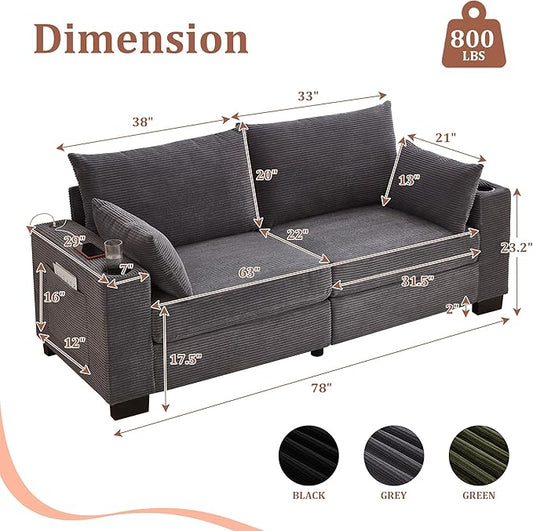 Eafurn 78" Corduroy Loveseat Sofa, Modern 2 Seater Couch with Dual Cup Holders & USB Charging Ports, Comfy Upholstered Small Sofa with Side Storage Pockets for Apartment, Living Room