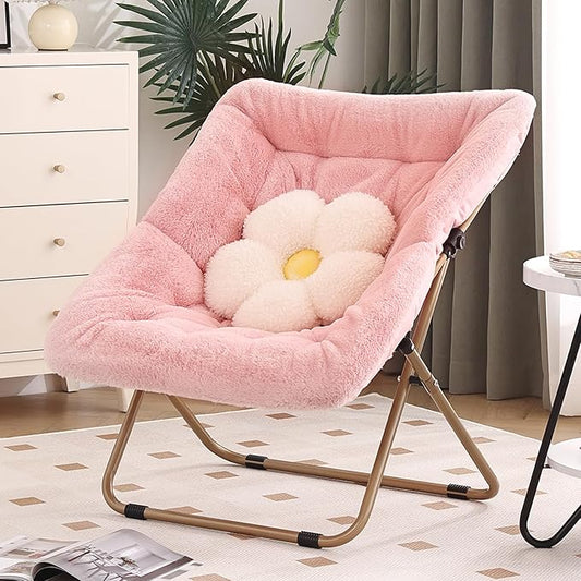 Modern Pink Faux Fur Foldable Metal Frame Recliner Chair for Bedroom, Living Room, Balcony