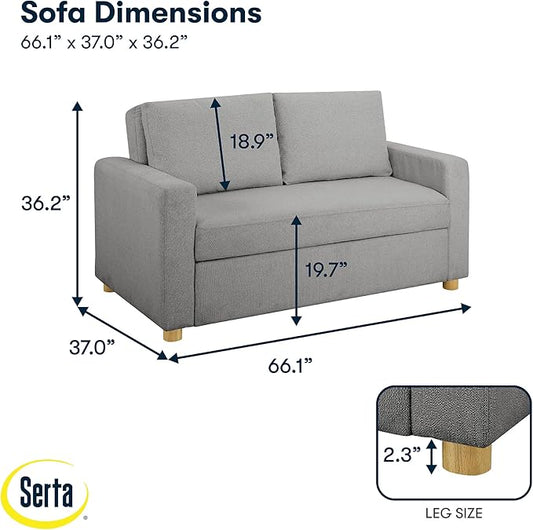 Serta Tulsa 66.1" Convertible Sleeper Loveseat, Full Size, Dreamcoil Comfort, FingerGuard Pinch Point Protection, Boucle Fabric, Grey