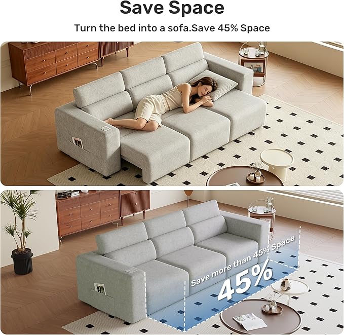 122” Electric Pull Out Sleeper Sofa Bed, 3-Seat Recliner Sofa Modular Couch with Bluetooth Stereo, Wireless Charging, Side Pocket, Power Recliner Couch for Living Room, Home Theater, Apartment(Grey)