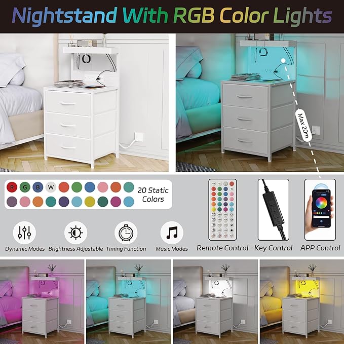 Night Stand with Charging Station Set of 2, LED Nightstand Bedside Table with USB Ports and Outlets, 3 Fabric Drawer End Side Table Dresser for Bedroom with Storage Shelf and 2 Hooks, White