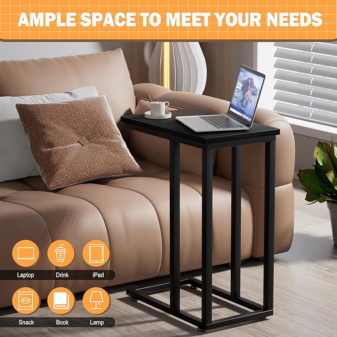 VECELO Universal C-Shaped Side Table, Multi-Functional Snack & TV Tray for Living Room, Bedroom, Black (1 Set)