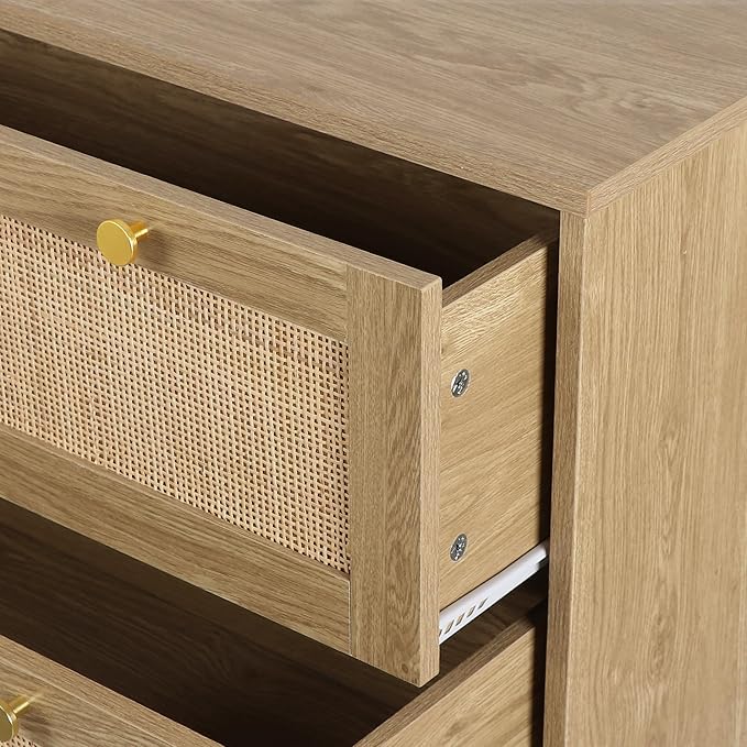Anmytek 2pcs 3 Drawer Rattan Dresser, Modern Wooden Chest with Golden Handles, Storage Organizers for Bedroom, Living Room, Hallway