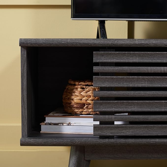 SAFAVIEH Aurelio TV Stand for up to 55" Flatscreen – Distressed Black, 1 Sliding Door with Interior Storage and Open Shelves, Entertainment Media Console (MED9600E)