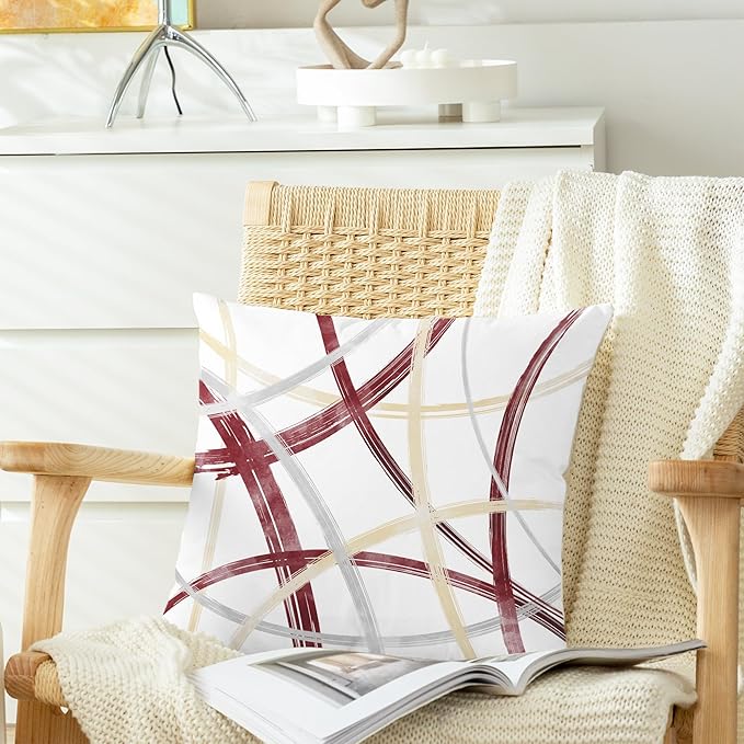 CaliTime Throw Pillow Cases Pack of 2 Cozy Fleece Arc-Shaped Abstract Geometric Lines Decorative Cushion Covers for Couch Bed Sofa Farmhouse Decoration 22 X 22 Inches Burgundy Dusty Pink Grey