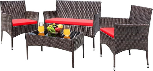 Greesum Patio Furniture 4 Pieces Conversation Sets Outdoor Wicker Rattan Chairs Garden Backyard Balcony Porch Poolside loveseat with Cushion and Glass Table, Brown and Red