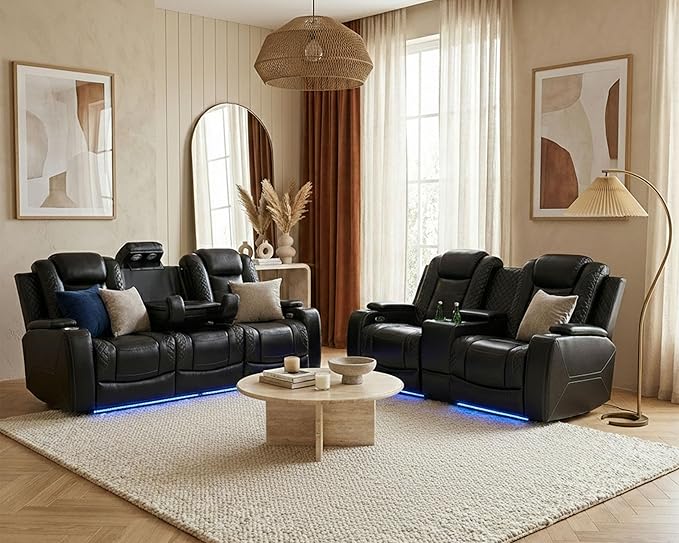 Power Recliner Sofa and Loveseat Set, 2 Piece Breathing Leather Living Room Set, Home Theater Seating Couches with LED/Cup Holders/Reading Light/Storage (Black Upgared)