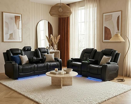 Power Recliner Sofa and Loveseat Set, 2 Piece Breathing Leather Living Room Set, Home Theater Seating Couches with LED/Cup Holders/Reading Light/Storage (Black Upgared)