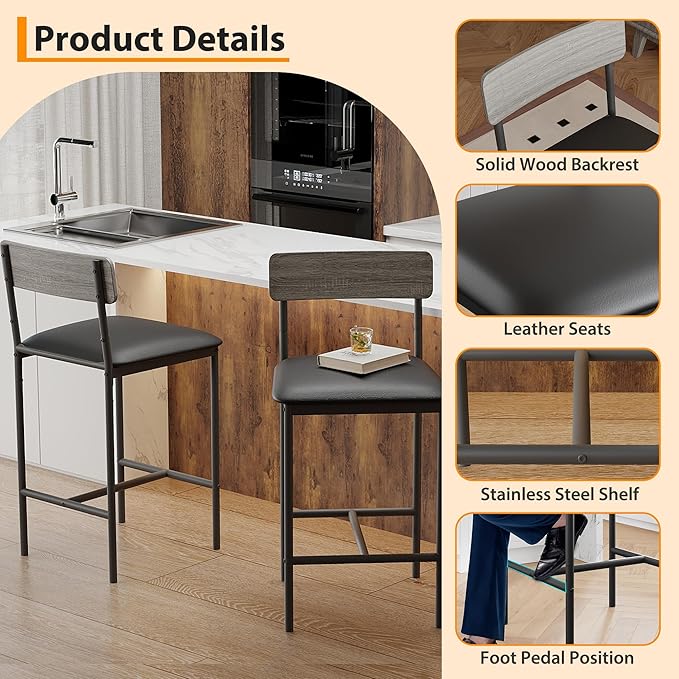 GAOMON Bar Stools Set of 2, Kitchen Bar Stools with Footrest, 25.5 Inches Upholstered Bar Chairs with Back, Counter Height Barstools for Counter Bar, Island, Easy Assembly, Grey