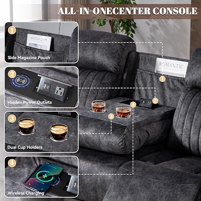 Zero Gravity Power Recliner Sofa Couch – Electric Reclining Sofa with Drop Down Table & Wireless Charging, 3 Seater Dual Reclining Couch with Adjustable Headrests for Living Room (Velvet, Grey)