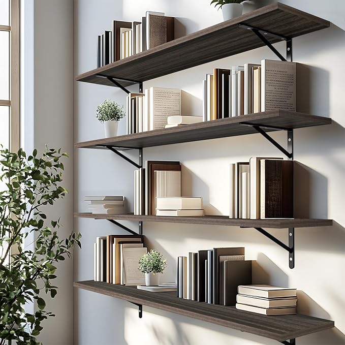Kaboon 55 inch Long 10 inch Deep Floating Shelves for Wall Set of 2, Large Open Shelves Wall Mounted, Space Saving Home and Commercial Use, Eucalyptus