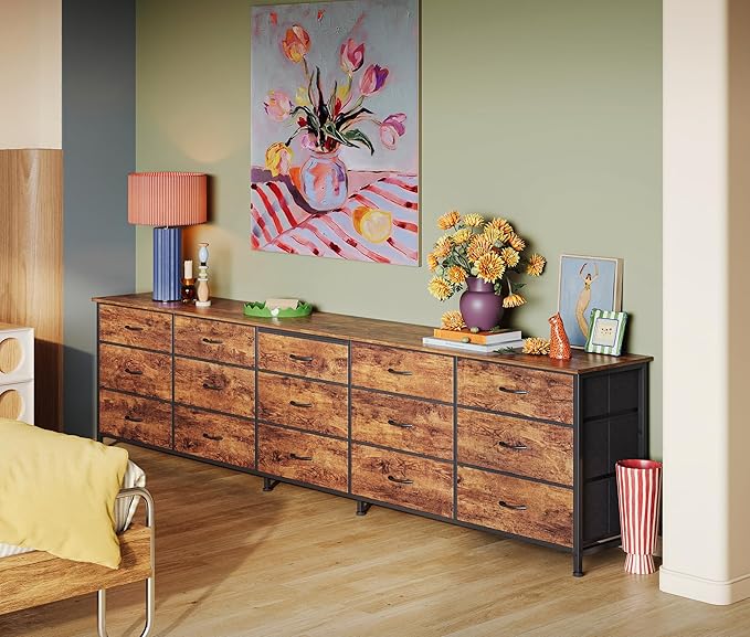 Huuger 86.6 Inch Dresser for Bedroom, TV Stand for 65, 75, 85 Inch TV, 15 Fabric Drawer Long Dresser, Large Entertainment Center for Bedroom, Wide Chest of Drawer with Storage, Rustic Brown