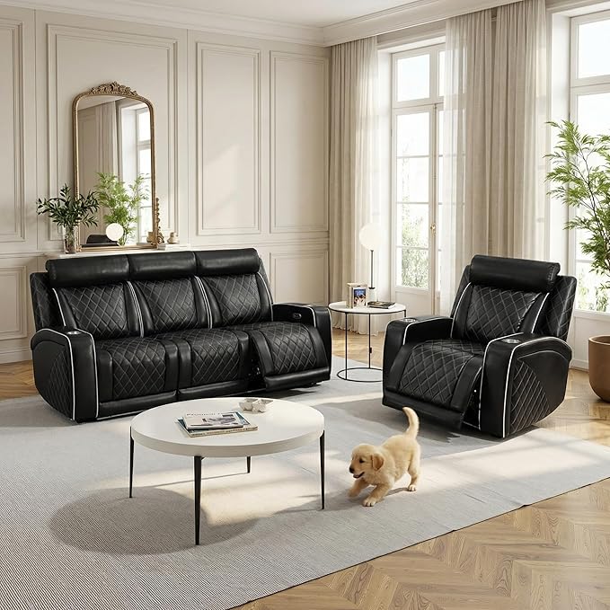 Breathing Leather Power Recliner Sofa Set, 2 Piece Leather Couch and Recliner Chair Set, Living Room Furniture Set with USB Charging/LED Lights (Black New, Sofa+Chair)