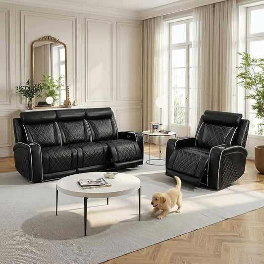 Breathing Leather Power Recliner Sofa Set, 2 Piece Leather Couch and Recliner Chair Set, Living Room Furniture Set with USB Charging/LED Lights (Black New, Sofa+Chair)