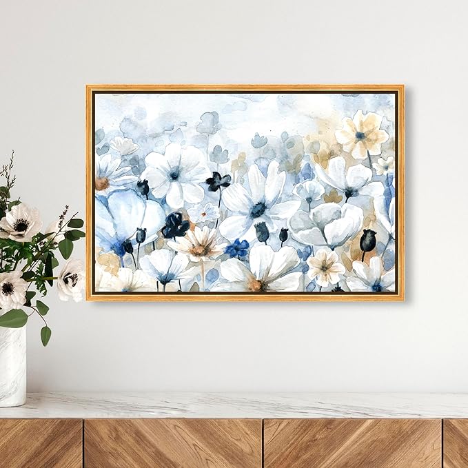 The Oliver Gal Artist Co. Floral and Botanical Wall Art Framed Canvas Prints 'Fields Flowers Home Décor, 24" x 16", Blue, White