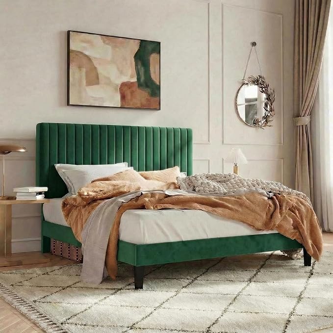 SHA CERLIN Queen Upholstered Platform Bed Frame with Vertical Channel Tufted Velvet Fabric Adjustable Headboard, Wooden Slats Support, Mattress Foundation, Box Spring Optional, Green