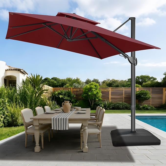 FLAME&SHADE 10x10 FT Cantilever Patio Umbrella - Aluminum Offset Umbrella with Tilt & 360-Degree Rotation, 3 Years Fade Resistance Fabric Large Patio Umbrella Outdoor for Deck Pool Garden - Burgundy