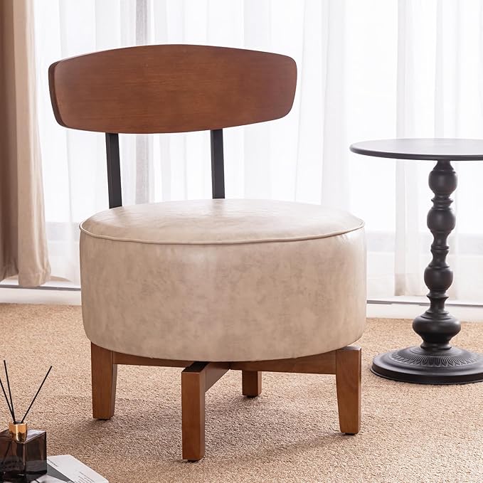 Swivel Accent Chair Living Room Chair with Back, upholstered Wood mid Century Modern Chair for Bedroom Office, Faux Leather Sand Gray
