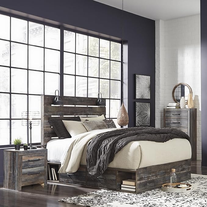 Signature Design by Ashley Drystan Rustic King Panel Platform Bed with 2 Storage Drawers, Open Cubbies, Sconce LED Lights and USB Ports, Foundation or Box Spring Not Needed, Dark Brown & Gray