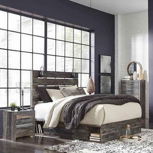 Signature Design by Ashley Drystan Rustic King Panel Platform Bed with 4 Storage Drawers, Open Cubbies, Sconce LED Lights and USB Ports, Foundation or Box Spring Not Needed, Dark Brown & Gray