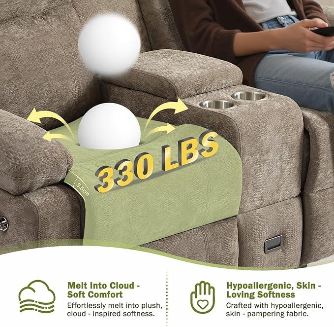 Manual Reclining Loveseat Sofa with 360°Adjustable Phone Holder, Center Console Storage with Type-C Charging & USB, Adjustable Headrest, Cupholders, Hidden Storage Drawer, Living Room (Linen Camel)